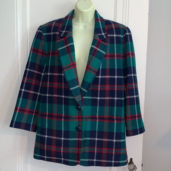 Vintage Jackets & Blazers - Vtg 80s/90s Pendleton red, green & navy blue plaid wool blazer